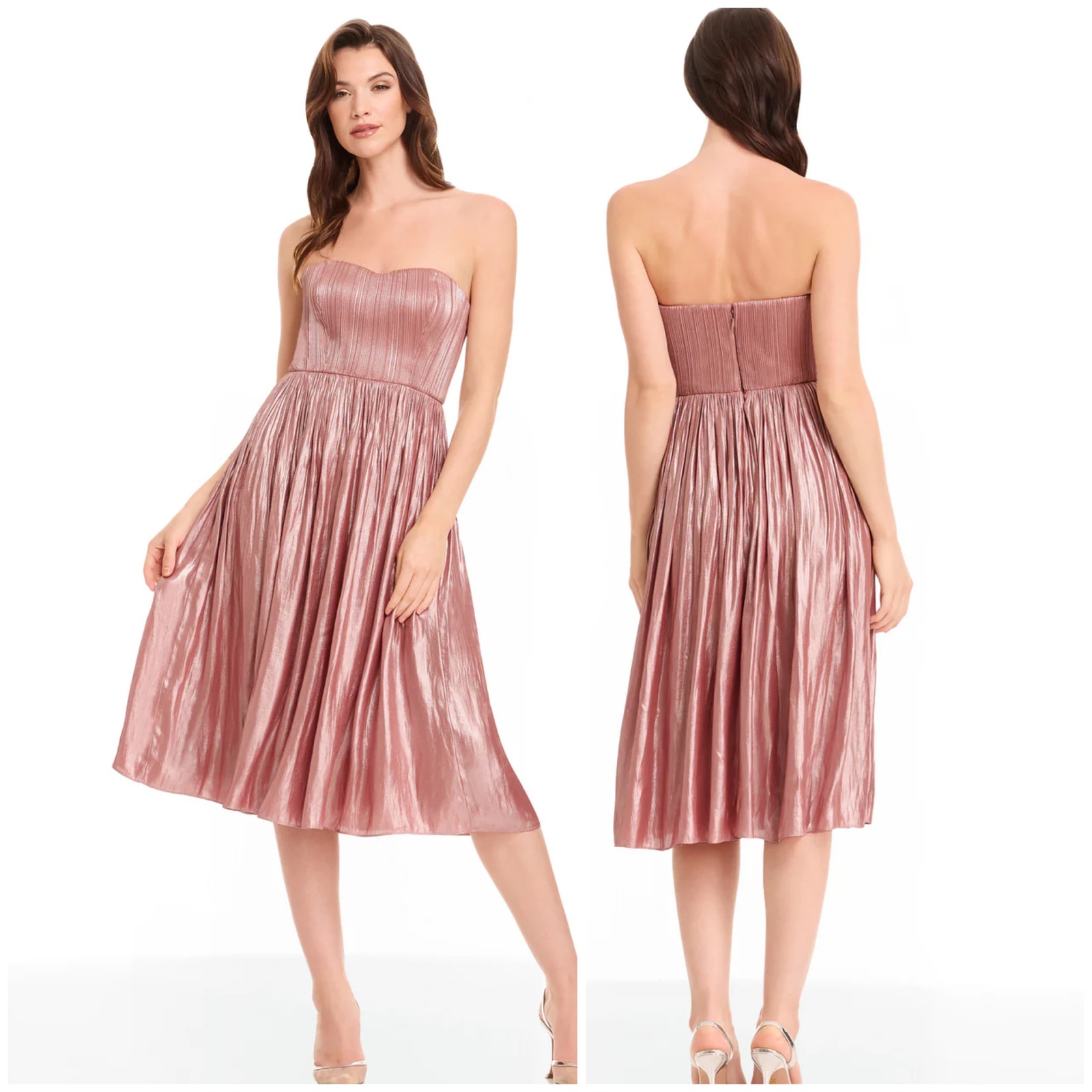 Dress The Population Tovah Dress Pink Metallic Pleated Fit Flare Size Xs Straps